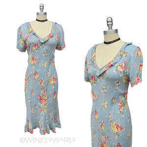 Vintage 90s Blue Floral Midi Dress Size XL Bias Cut V Neck Short Sleeve 30s